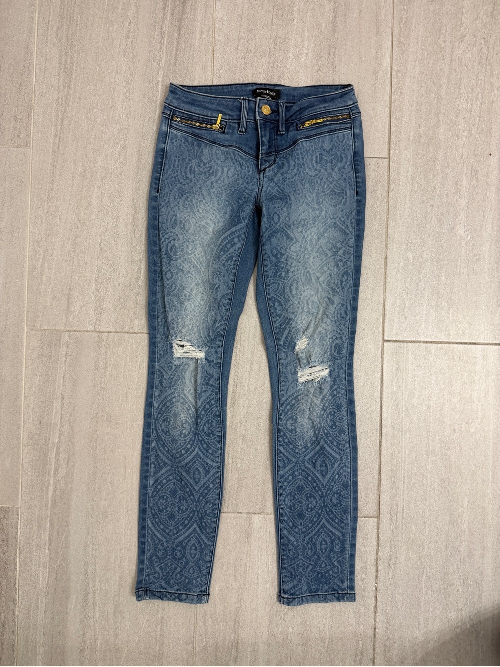 bebe Blue Patterned Distressed Skinny Jeans with Gold Zips